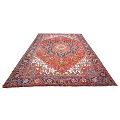 Antique Persian Heriz Wool 9x13 Red, Navy & Ivory Handmade Area Rug