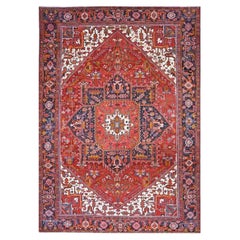 Antique Persian Heriz Wool 9x13 Red, Navy & Ivory Handmade Area Rug