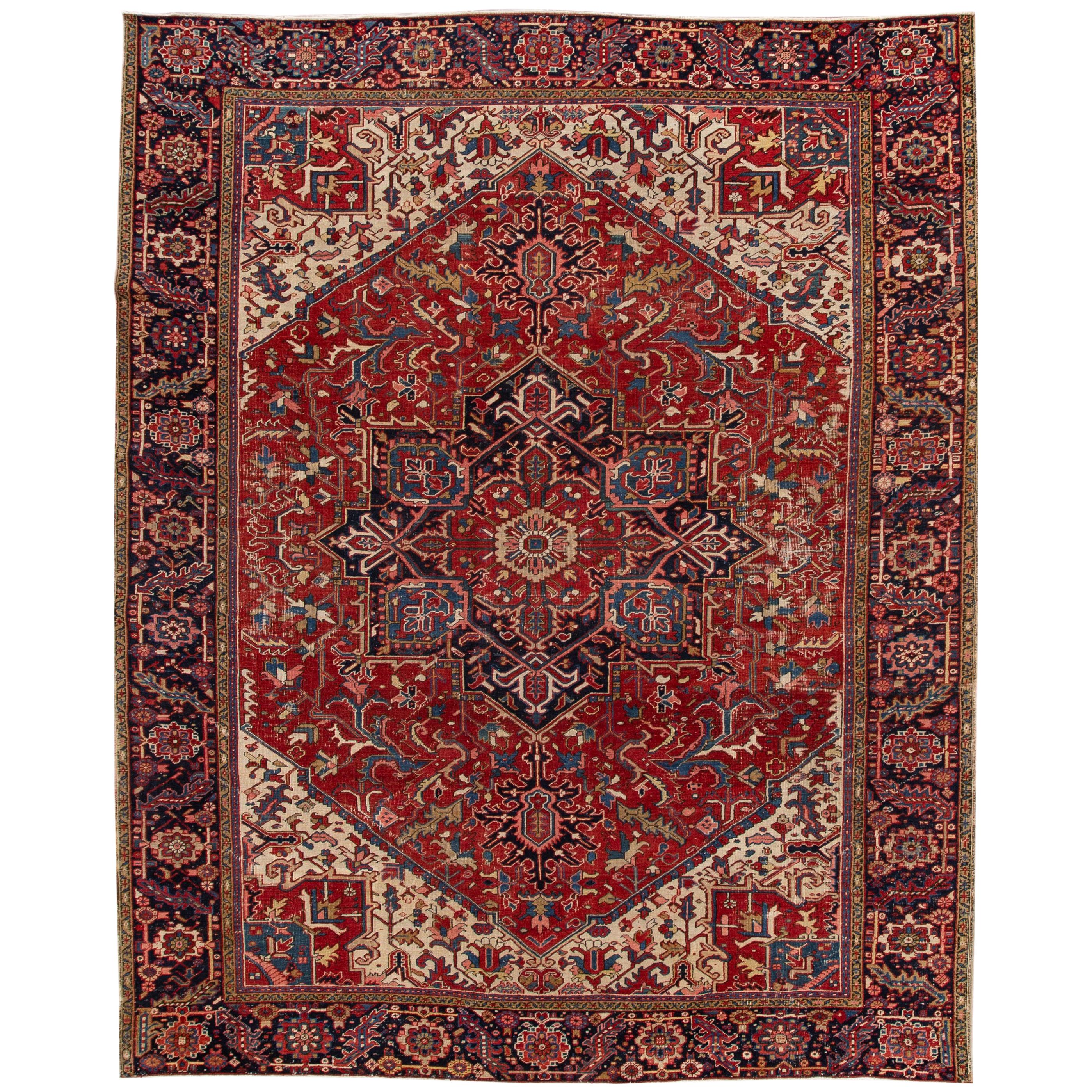 Antique Persian Heriz Red Medallion Wool Rug