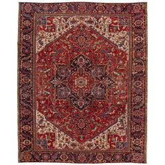 Antique Persian Heriz Red Medallion Wool Rug