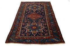 Antique Persian Heriz Wool Rug Handmade In Navy Blue With Tribal Design