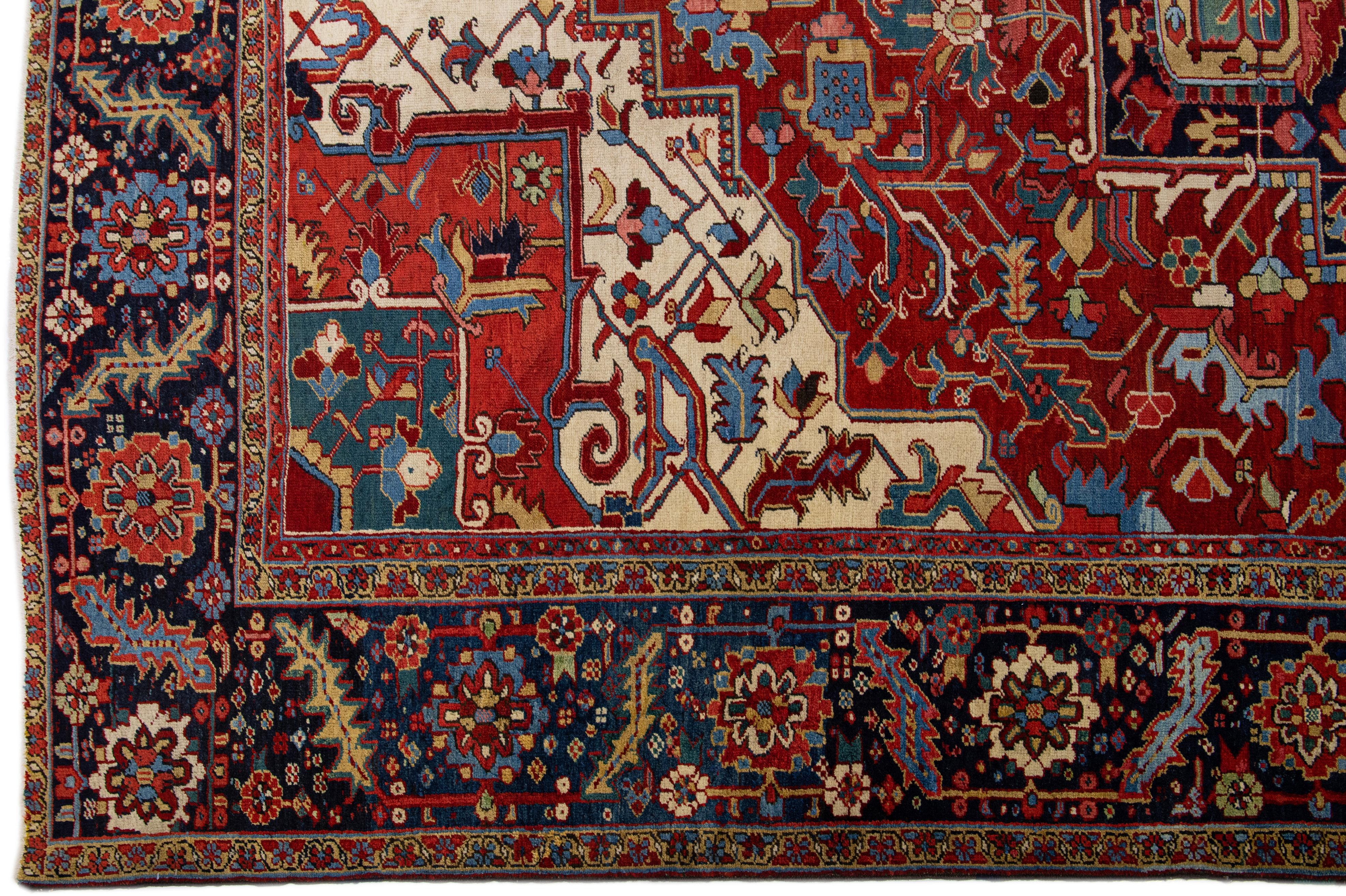 Antique Persian Heriz Wool Rug Handmade with Red Medallion Design In Excellent Condition For Sale In Norwalk, CT