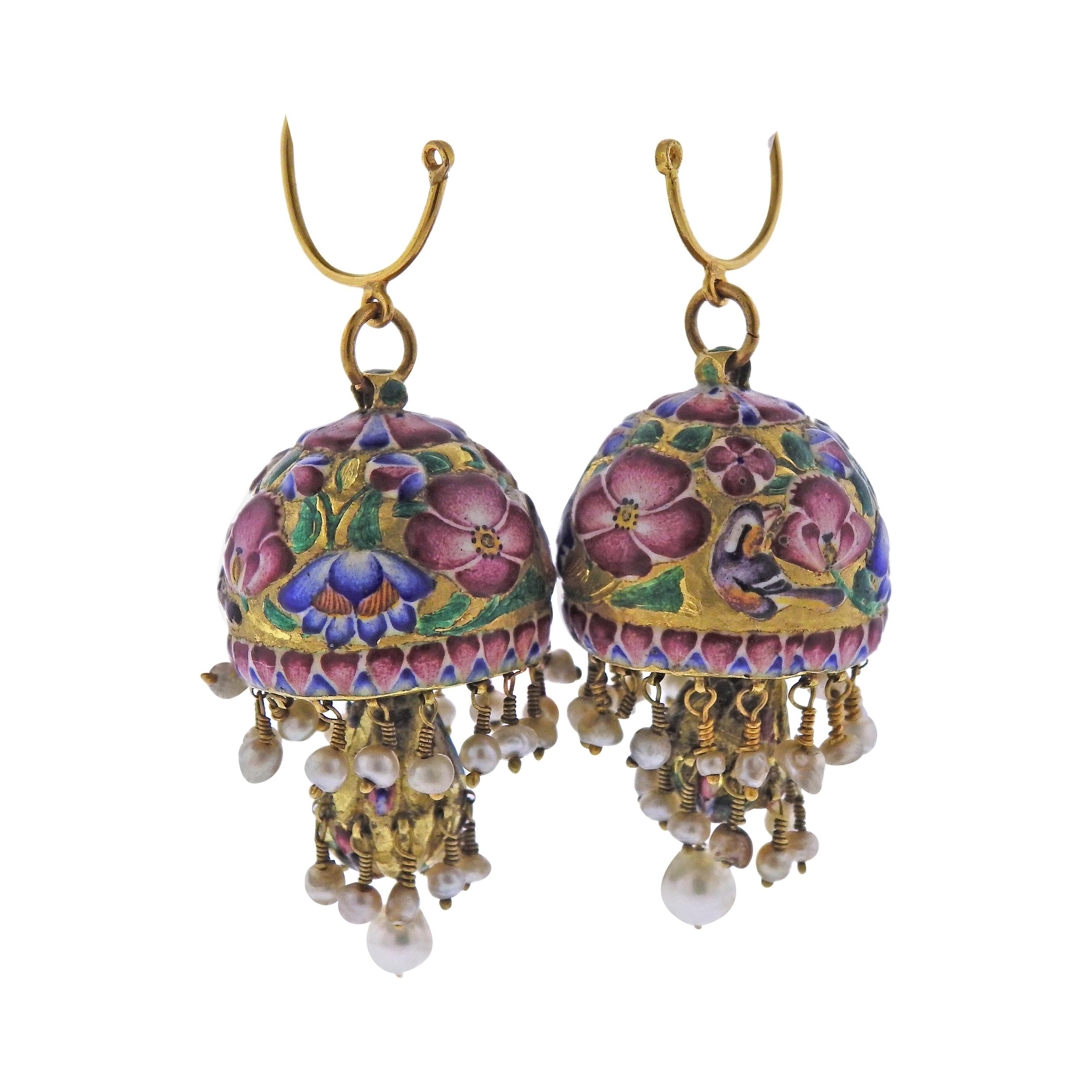Antique Persian High Karat Gold Pearl Enamel Drop Earrings For Sale