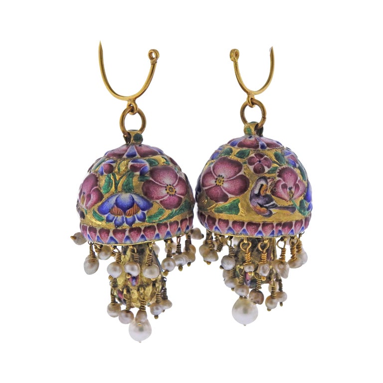 Persian high-karat gold, pearl and enamel drop earrings, 19th century, offered by Select Antique Jewelry Inc