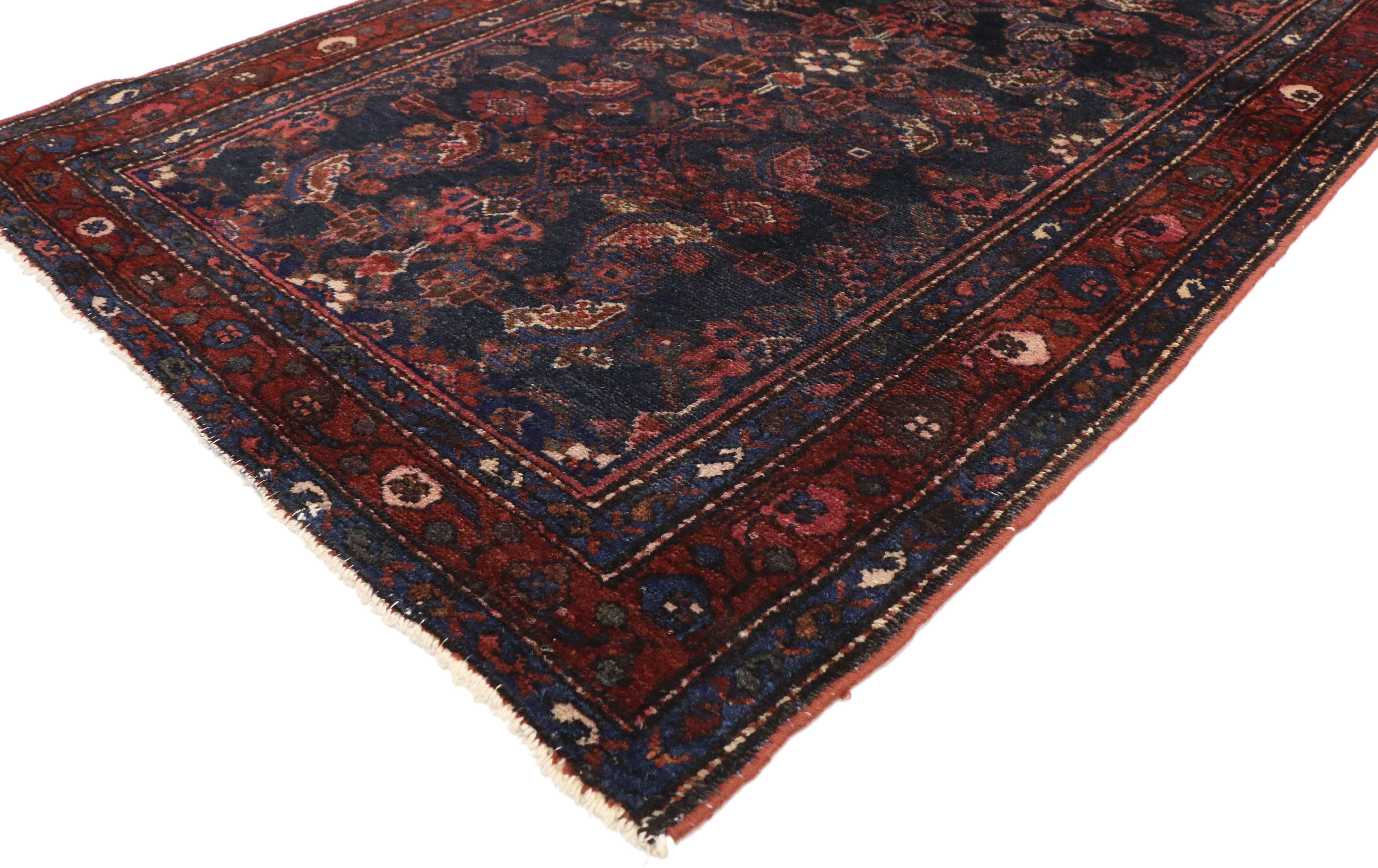 71848, antique Persian Hussainabad Hamadan accent rug with Victorian style. This hand knotted wool antique Persian Hussainabad Hamadan accent rug features an all-over Herati pattern across an abrashed ink blue field. The highly stylized large-scale