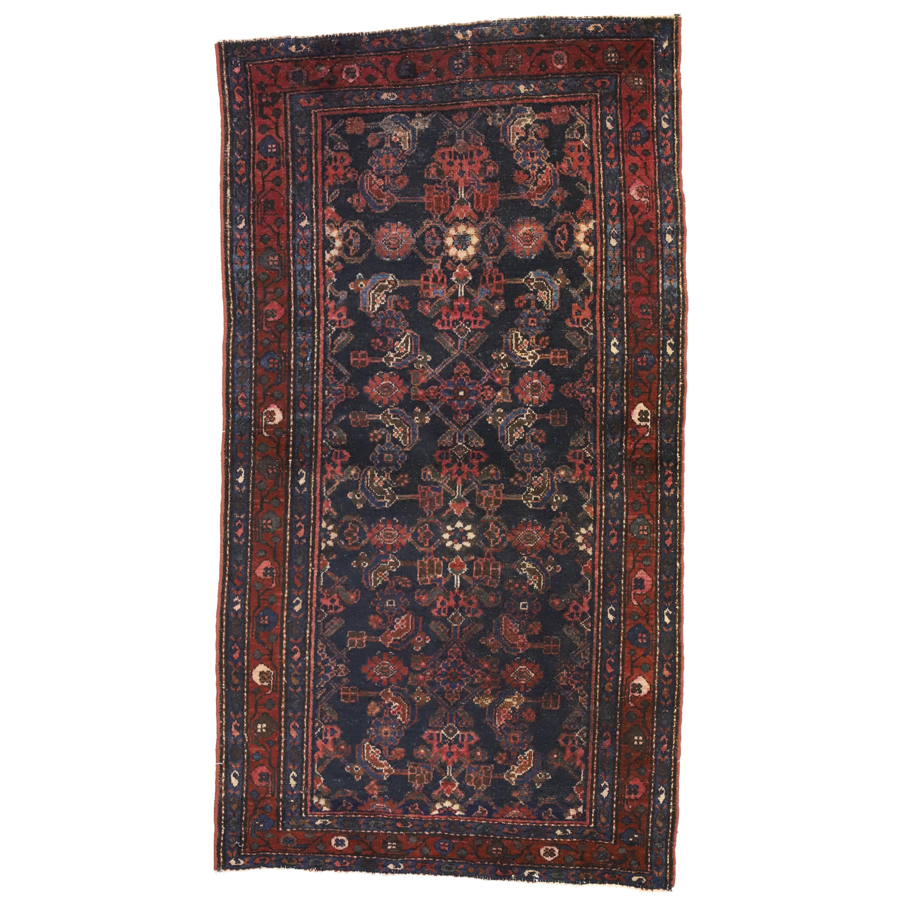 Antique Persian Hussainabad Hamadan Accent Rug with Victorian Style