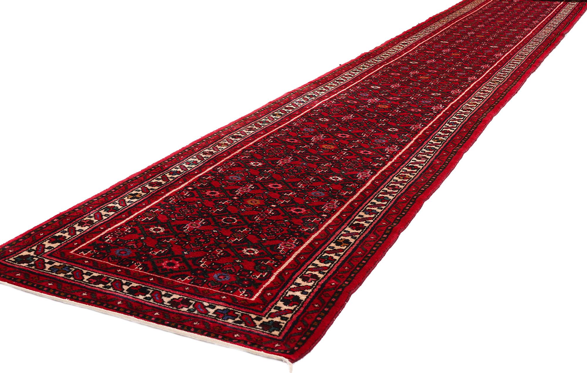 79255 Rare Antique Persian Hussainabad Hamadan Rug Runner, 02'09 x 38'00. Immersed in an aura of aristocratic grandeur and couture exclusivity, this one-of-a-kind, hand-knotted wool antique Persian Hussainabad Hamadan runner is not merely a