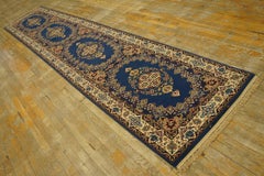 1950s Mid 20th Century Blue Open Field Medallion Vintage Runner Wool Carpet Rug