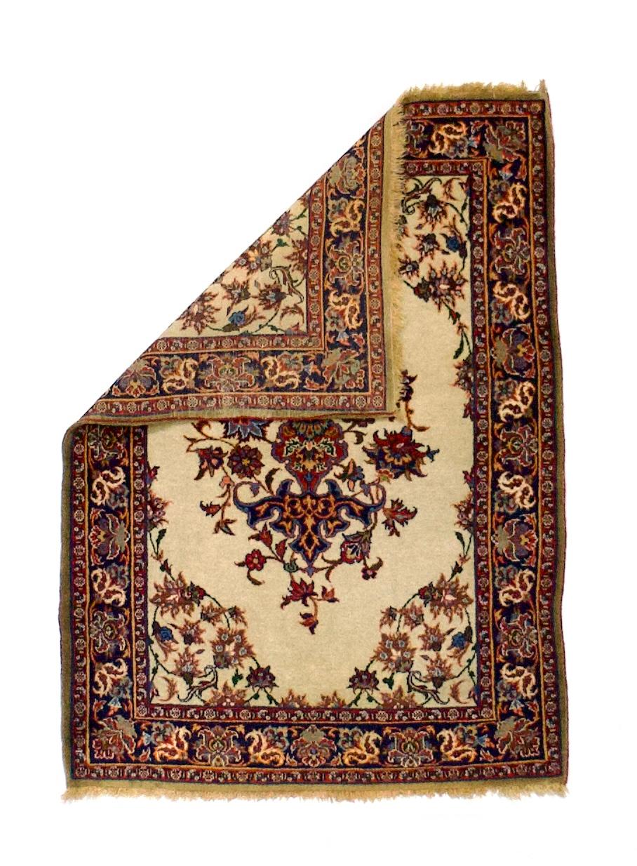 Antique Persian Isfahan Rug 2’2” x 2’11”. The picturesque, old Persian capital, which since the early 20th century has woven fine or extremely fine scatters to large carpets, often in complex medallion or allover layouts, with crisp colors, and