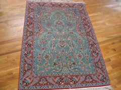 1960s Green Floral Vintage Persian Isfahan Rug 3'8" x 5'6" Handwoven Wool Carpet