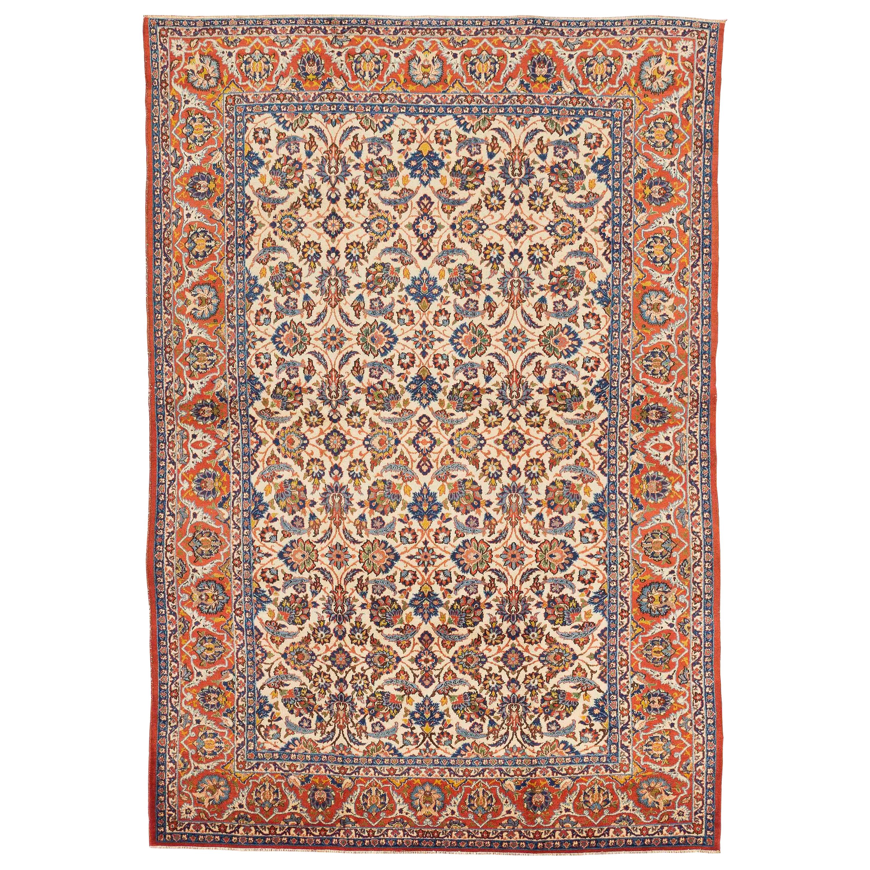 Antique Persian Isfahan Rug with Colored Floral Details on Ivory Center Field For Sale