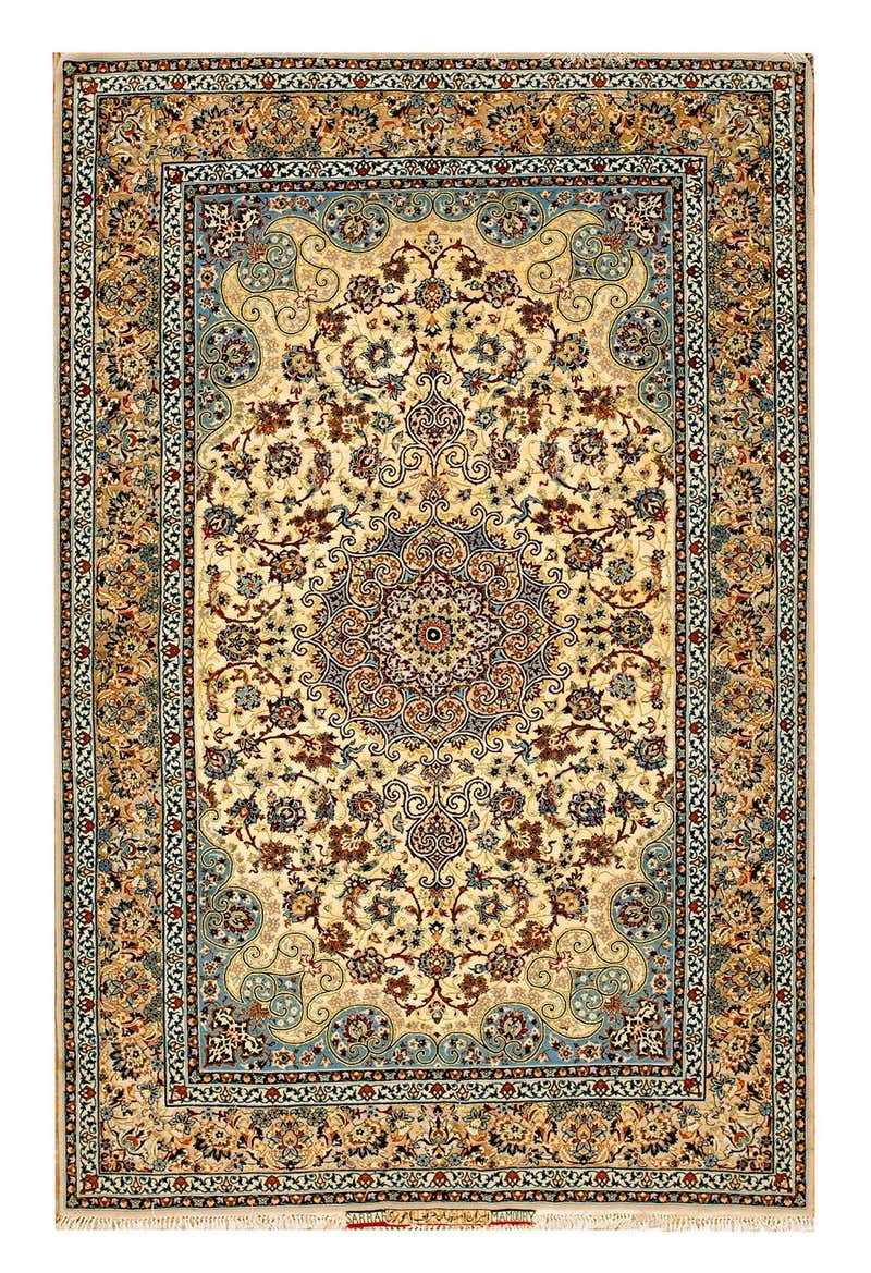 Sileh Rug Persian Hand Knotted Medallion Silk Floral Isfahan Rug For Sale at 1stDibs