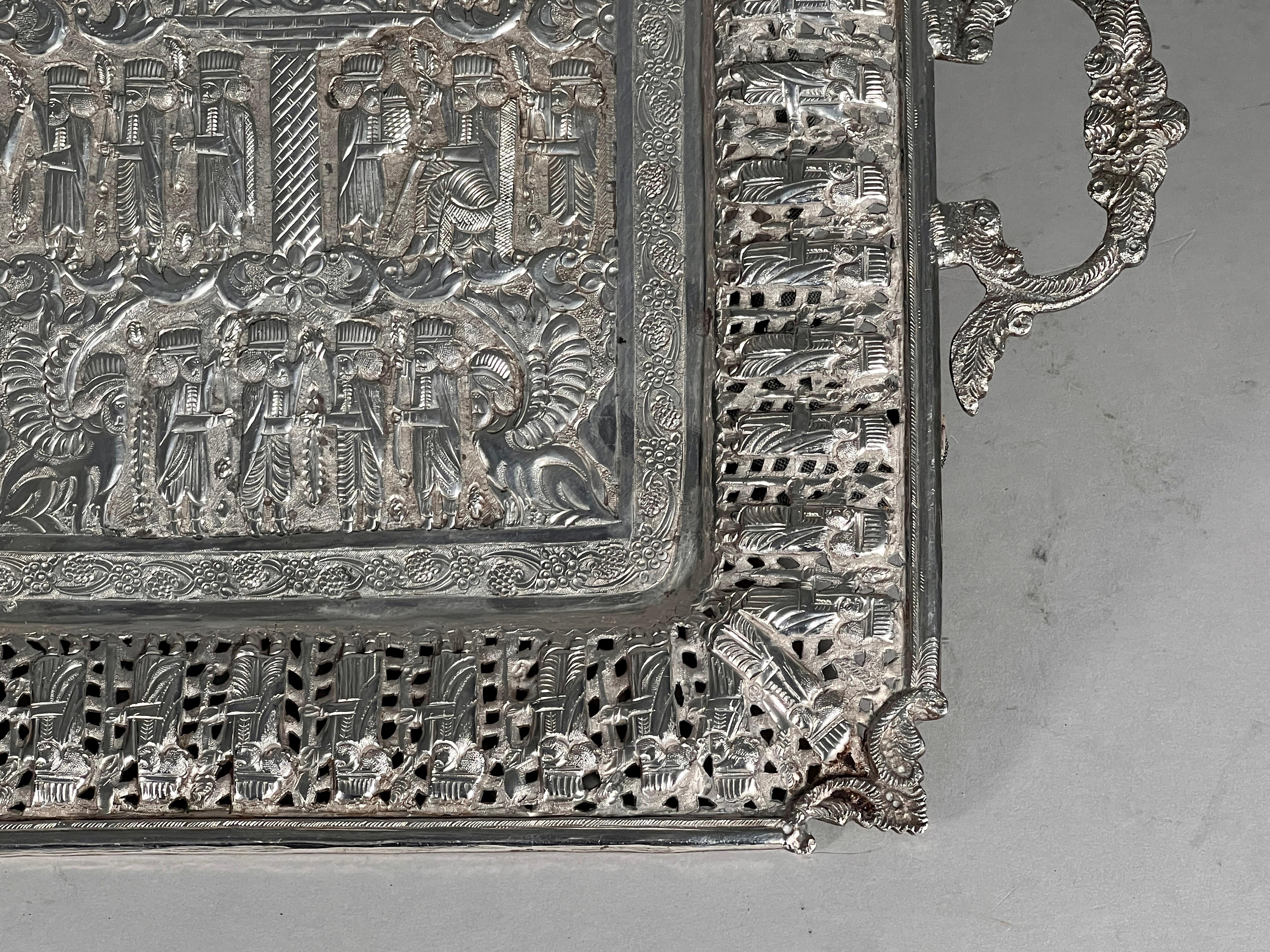 Persian Isfahan Solid Silver Tray  In Excellent Condition For Sale In Los Angeles, CA