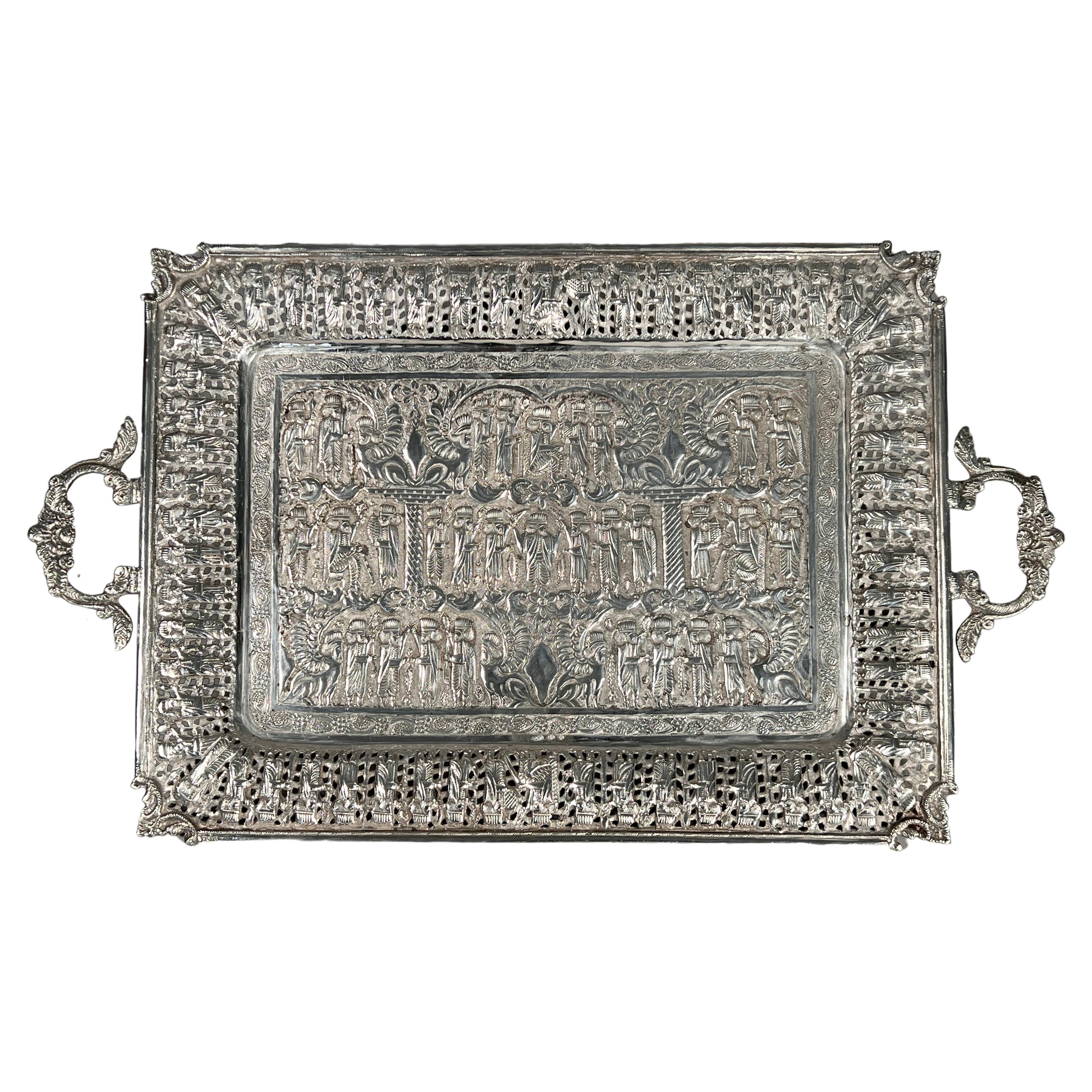 Persian Isfahan Solid Silver Tray  For Sale