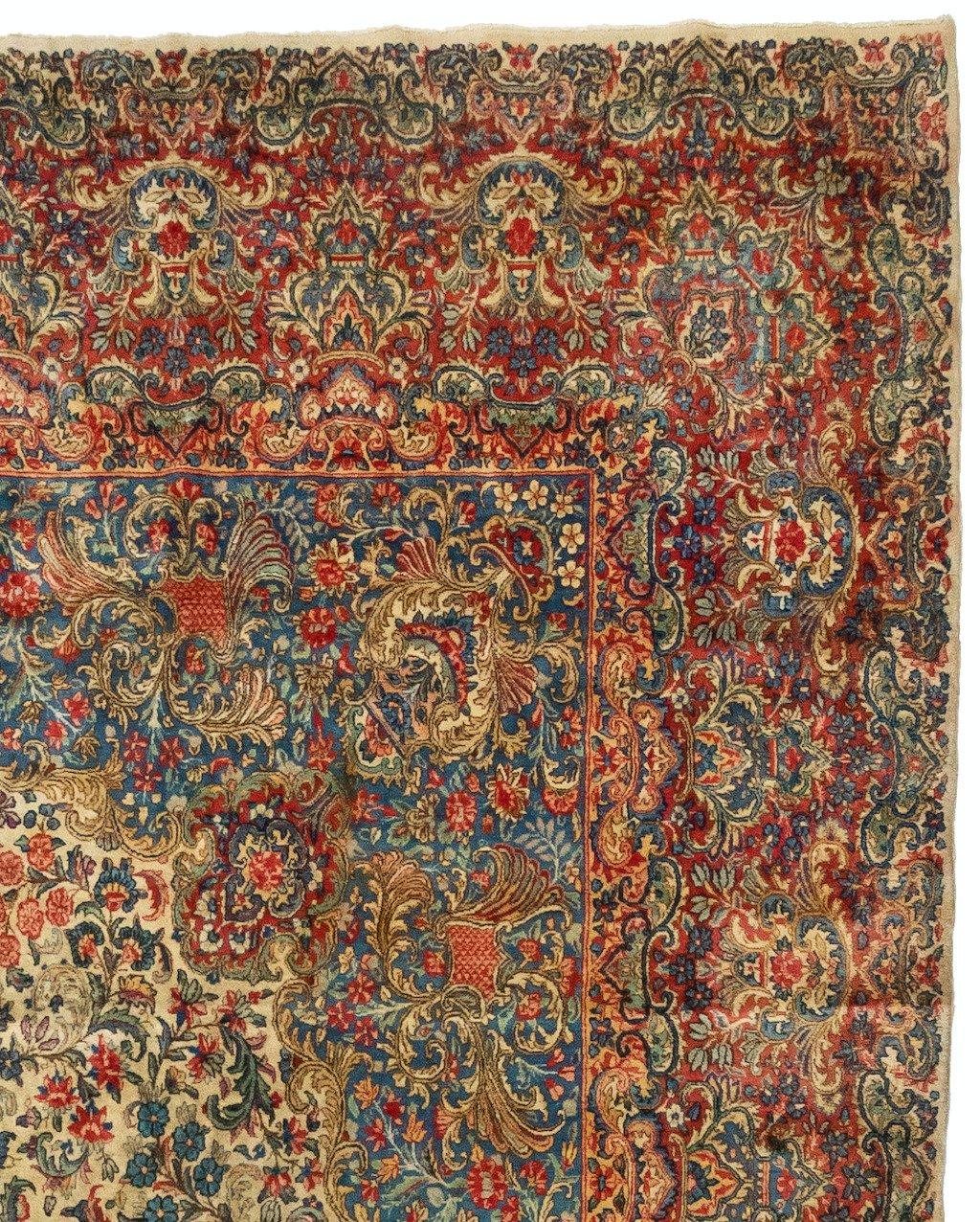 Hand-Knotted Oversize Antique Persian Ivory and Blue Floral Kirman Rug, circa 1920s For Sale