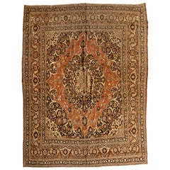 Antique Persian Ivory Brown and Rust Floral Tabriz Rug, circa 1880s