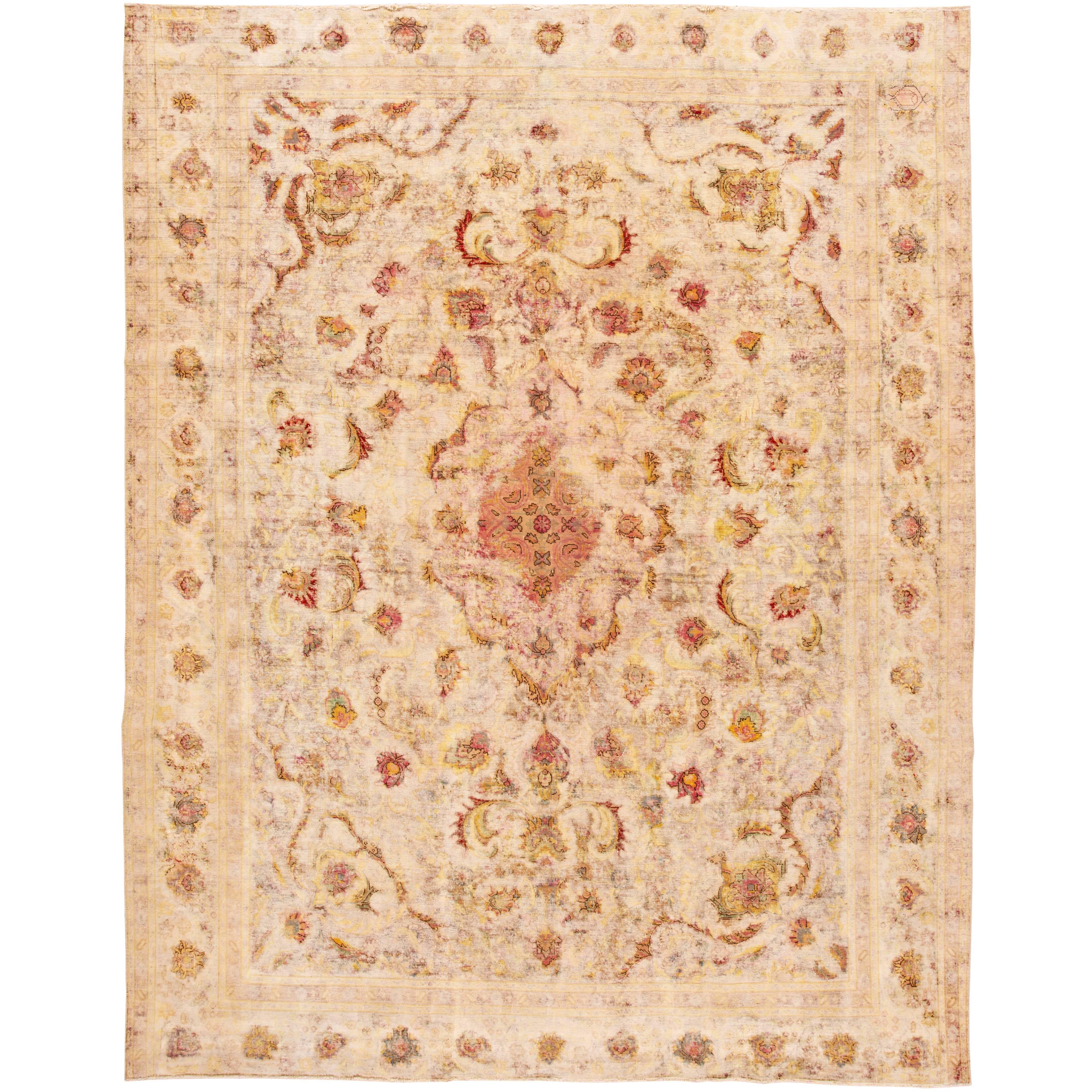 Antique Persian Ivory Kerman Rug For Sale