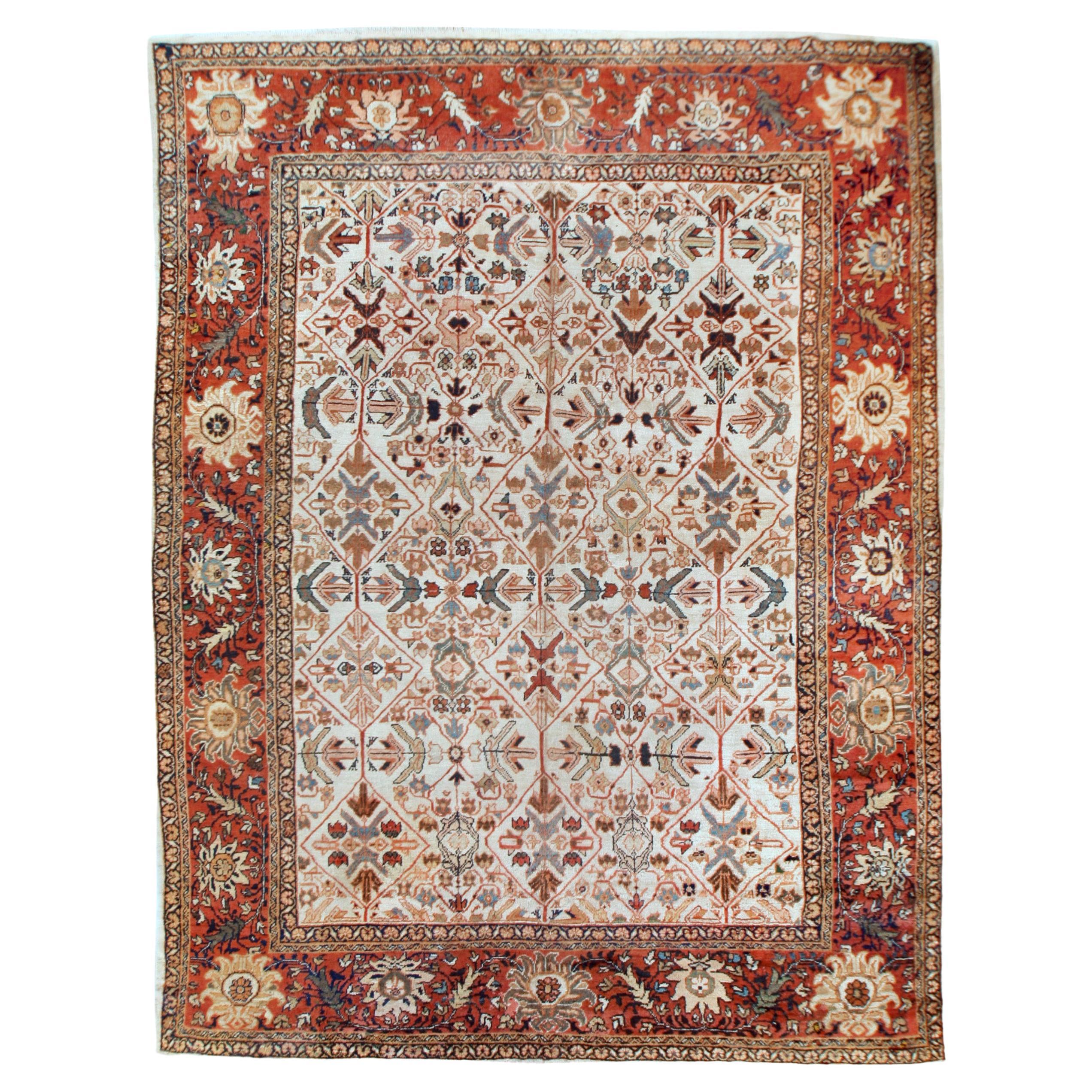 Antique Persian Ivory Mahal Area Rug 8'10x12'2 For Sale