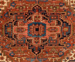SQUARE Antique Persian Ivory Navy Blue Tribal Heriz Rug 10 x 10.11 ft.
