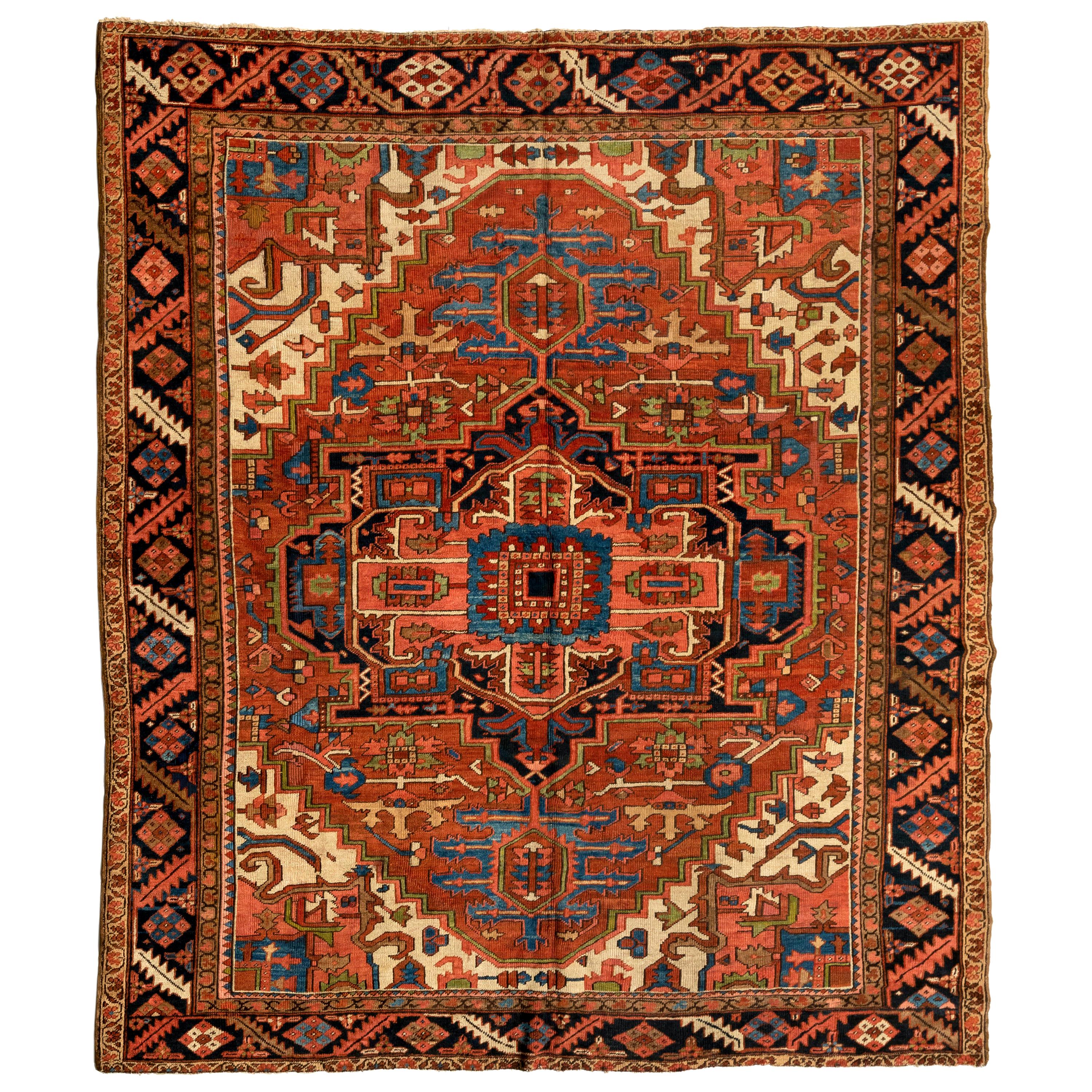 Antique Persian Ivory Navy Blue Tribal Geometric Square Heriz Rug, circa 1920s For Sale