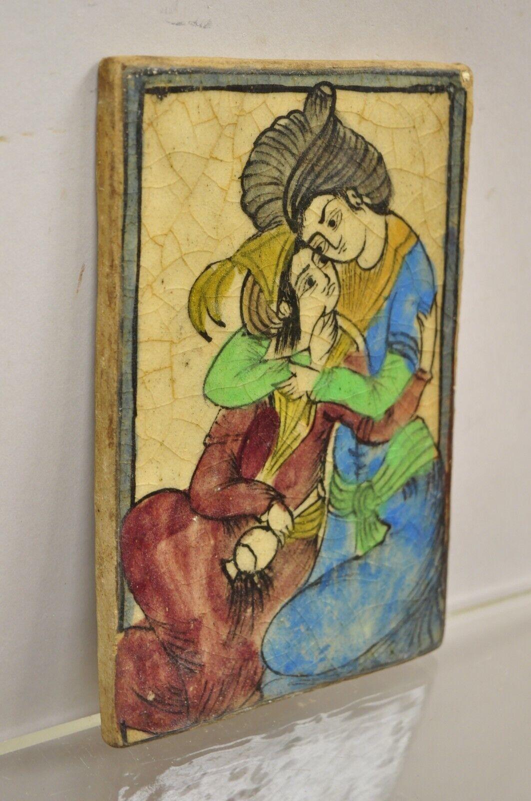 Antique Persian Iznik Qajar Style Blue and Red Ceramic Pottery Tile Couple C5 For Sale 1