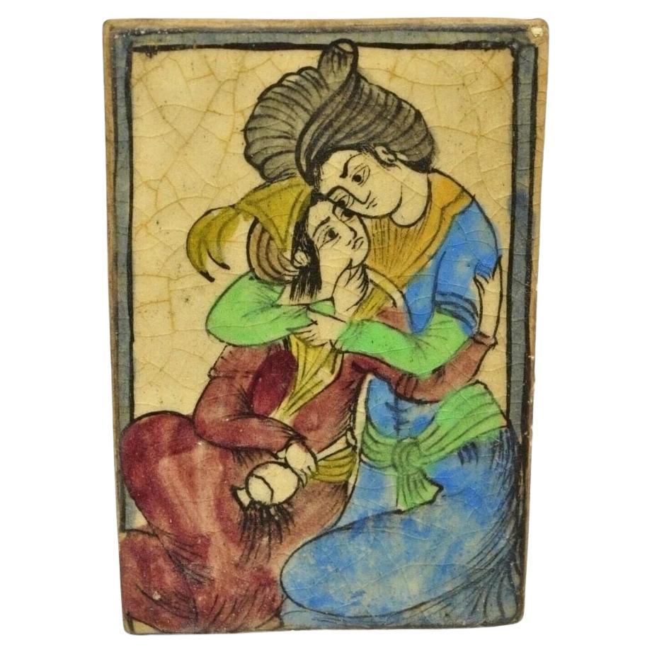 Antique Persian Iznik Qajar Style Blue and Red Ceramic Pottery Tile Couple C5