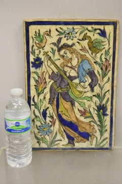 Antique Persian Iznik Qajar Style Blue Ceramic Pottery Tile Bird Guitar Woman C2