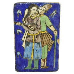 Antique Persian Iznik Qajar Style Blue Ceramic Pottery Tile Musician Couple C5