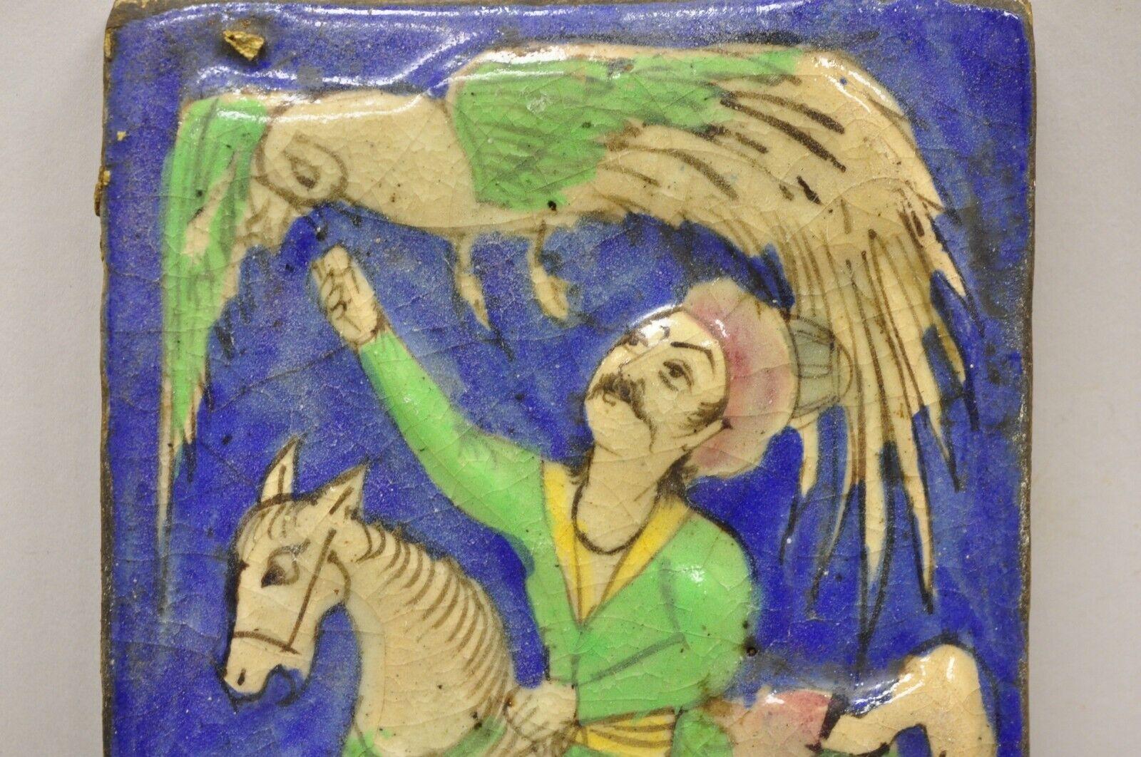 20th Century Antique Persian Iznik Qajar Style Blue Ceramic Pottery Tile Rider and Phoenix C4