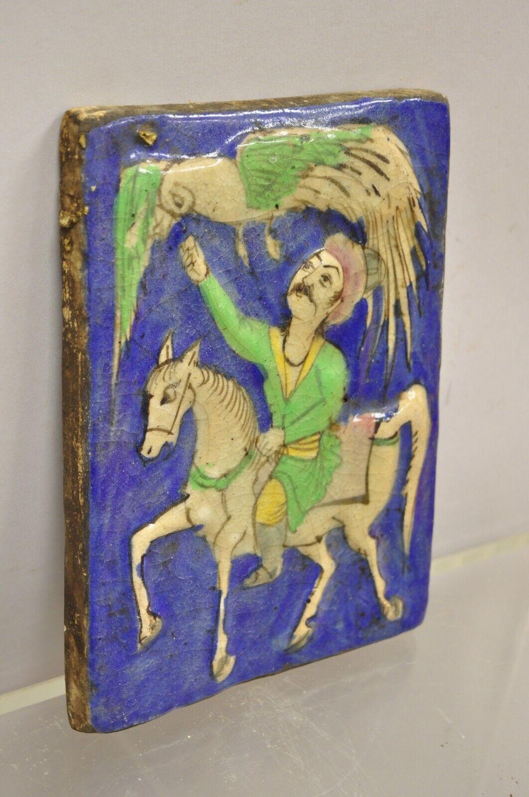 Antique Persian Iznik Qajar Style Blue Ceramic Pottery Tile Rider and Phoenix C4 2