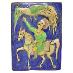 Antique Persian Iznik Qajar Style Blue Ceramic Pottery Tile Rider and Phoenix C4