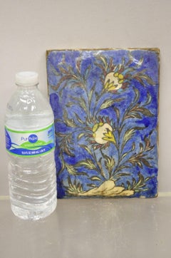Antique Persian Iznik Qajar Style Blue Ceramic Pottery Tile with Flowers C4