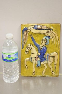 Antique Persian Iznik Qajar Style Ceramic Mustard Pottery Tile Phoenix Rider C4