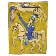 Antique Persian Iznik Qajar Style Ceramic Mustard Pottery Tile Phoenix Rider C4