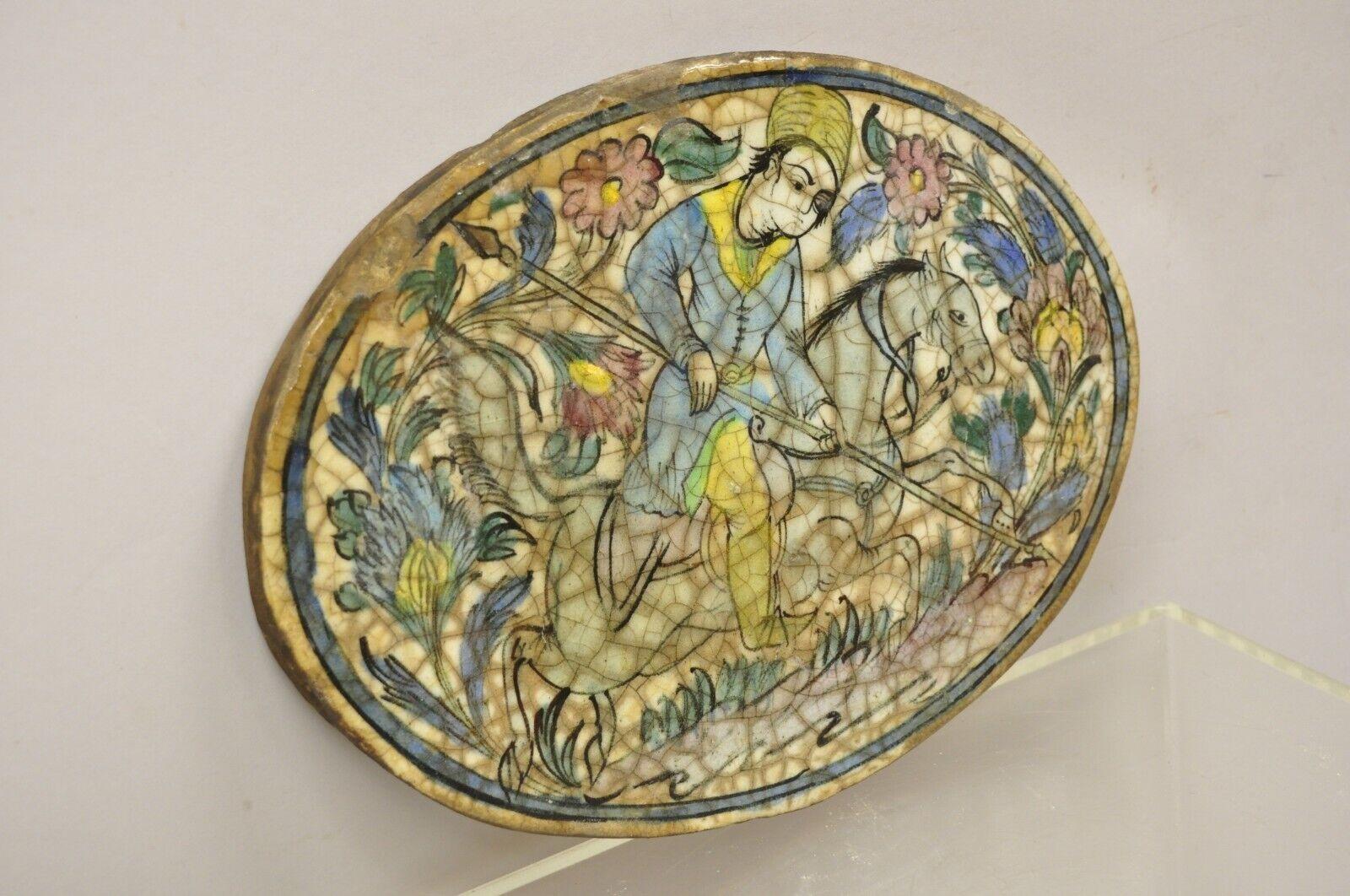Antique Persian Iznik Qajar Style Ceramic Pottery Blue Oval Horse Rider Tile C3 For Sale 6