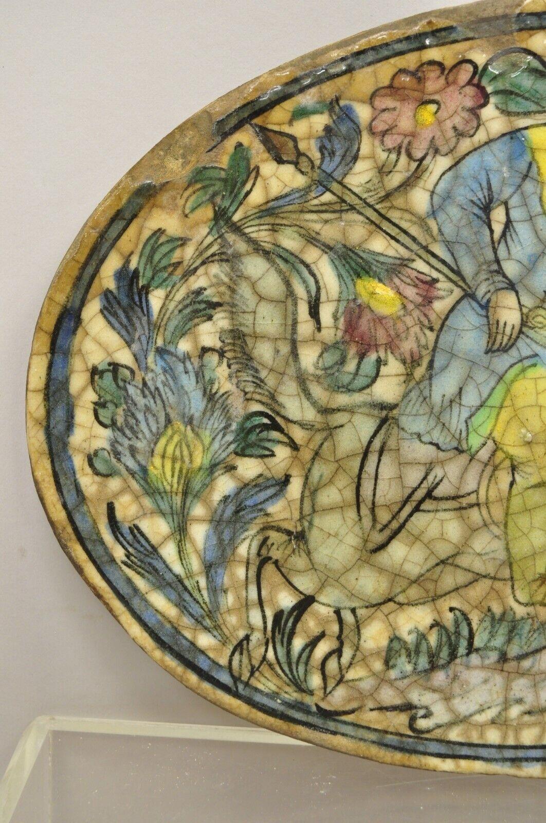 Antique Persian Iznik Qajar Style Ceramic Pottery Blue Oval Horse Rider Tile C3 For Sale 1