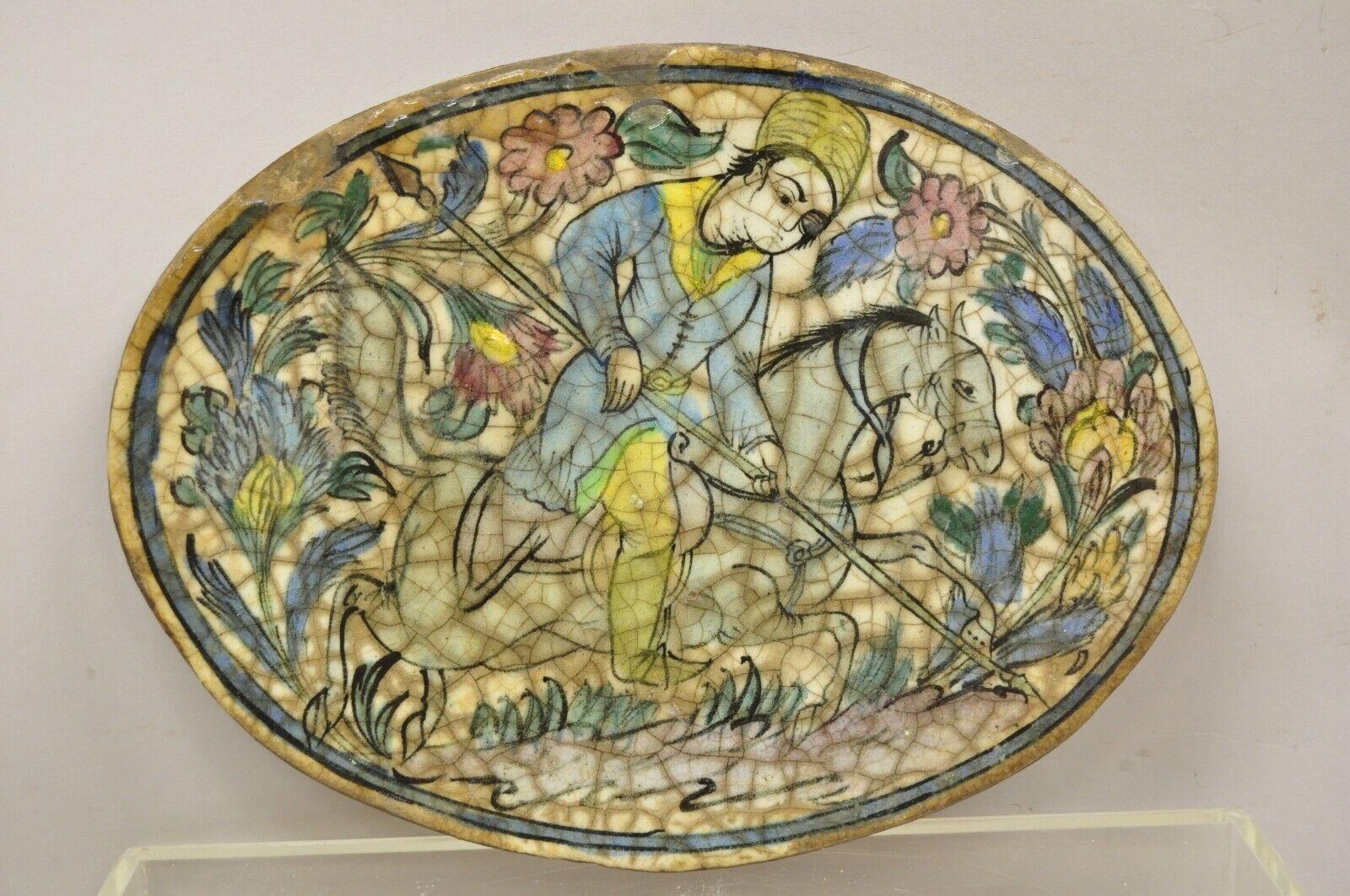 Antique Persian Iznik Qajar Style Ceramic Pottery Blue Oval Horse Rider Tile C3 For Sale 5