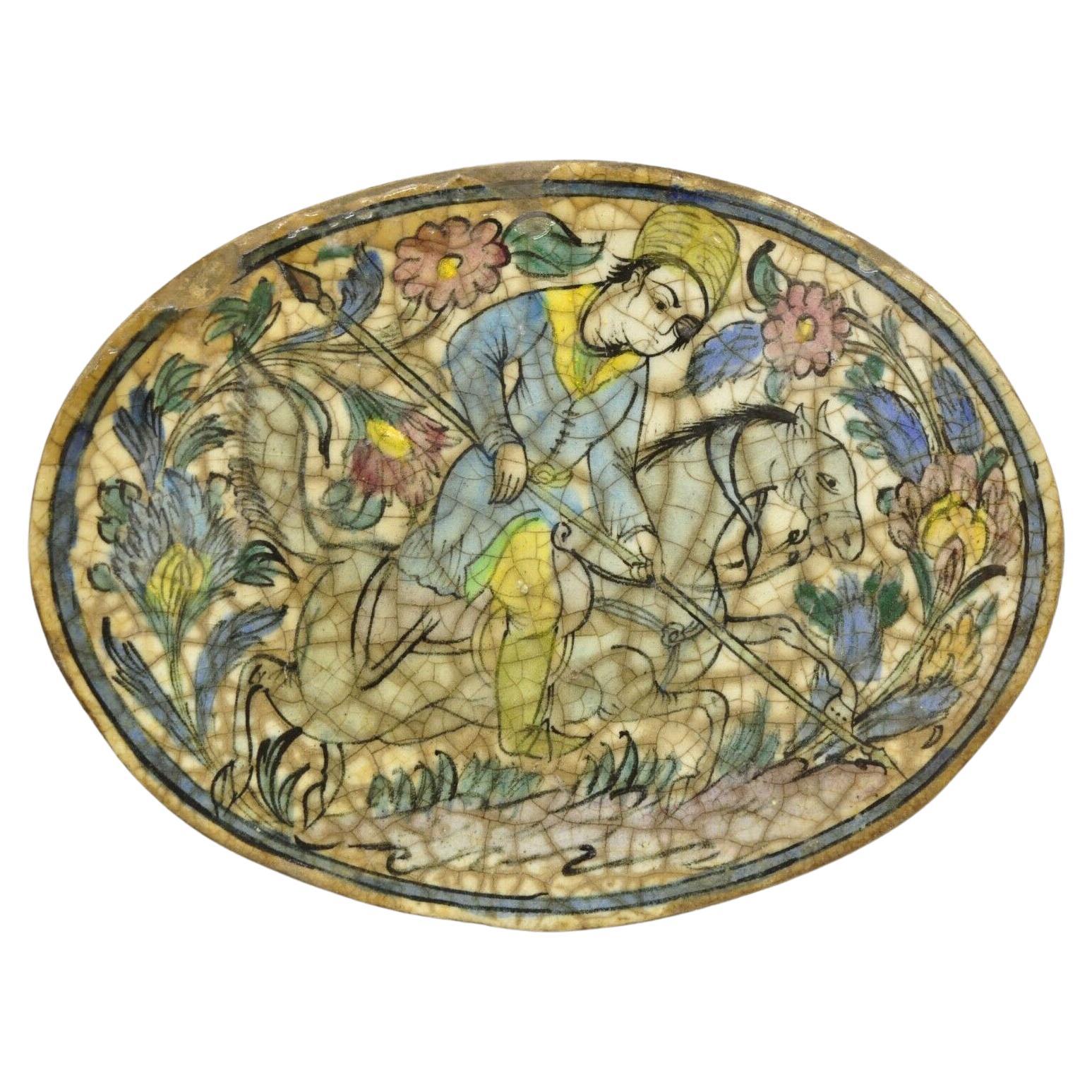 Antique Persian Iznik Qajar Style Ceramic Pottery Blue Oval Horse Rider Tile C3 For Sale