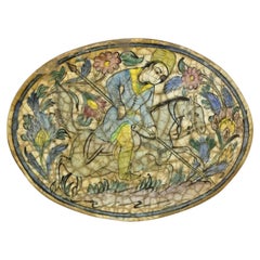 Vintage Persian Iznik Qajar Style Ceramic Pottery Blue Oval Horse Rider Tile C3