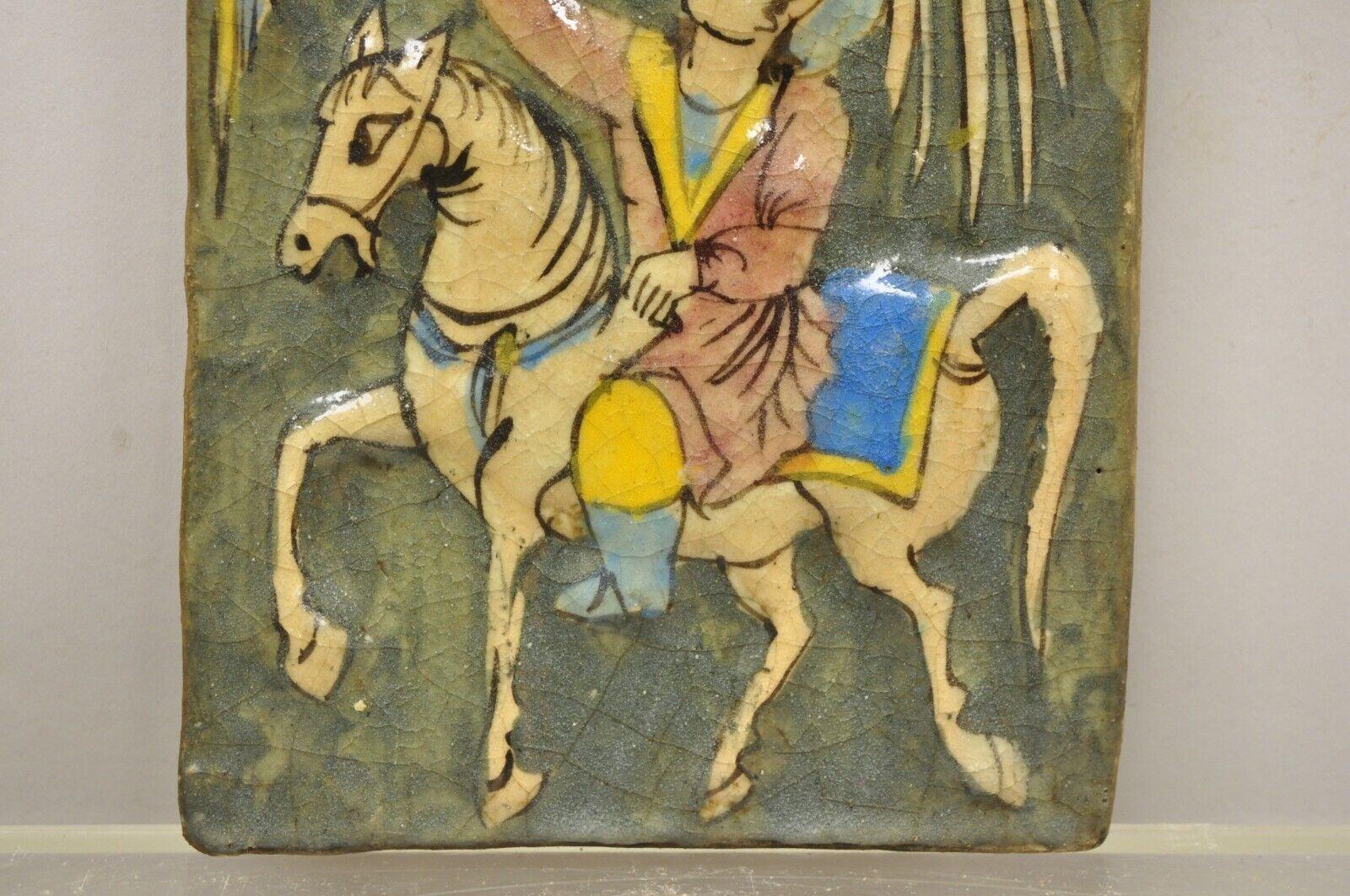 Antique Persian Iznik Qajar Style Ceramic Pottery Green Tile Phoenix Rider C4 B For Sale 1