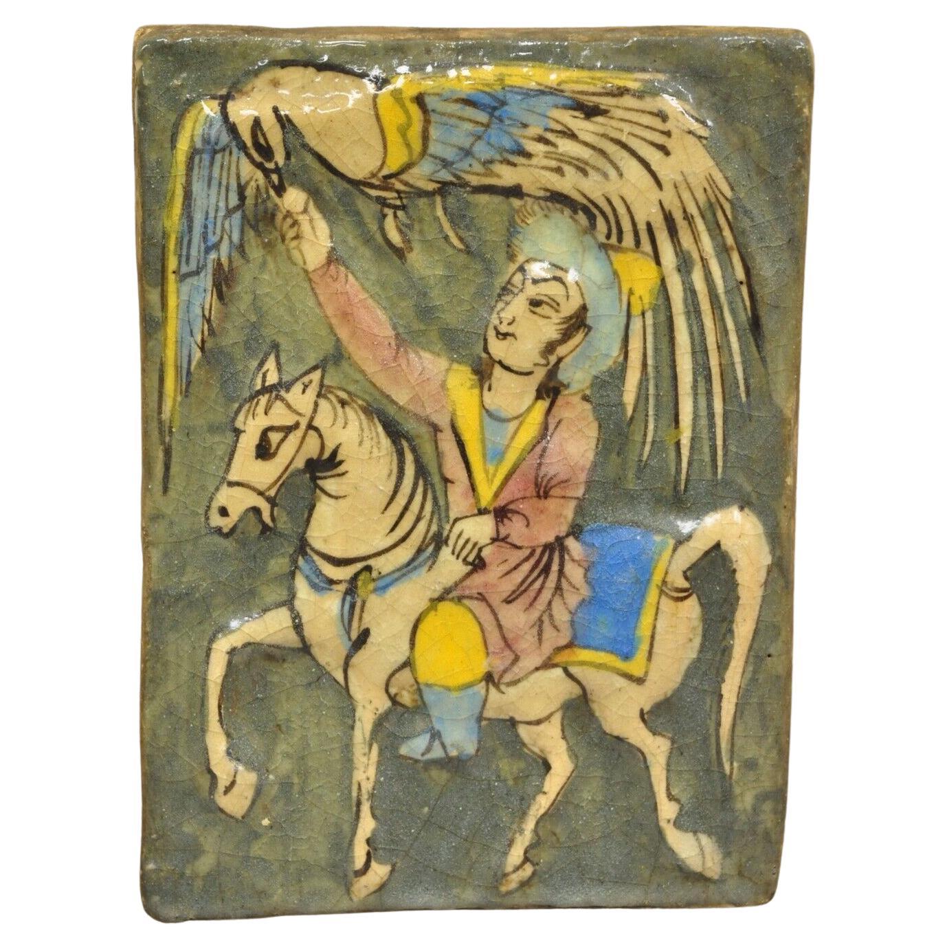 Antique Persian Iznik Qajar Style Ceramic Pottery Green Tile Phoenix Rider C4 B For Sale