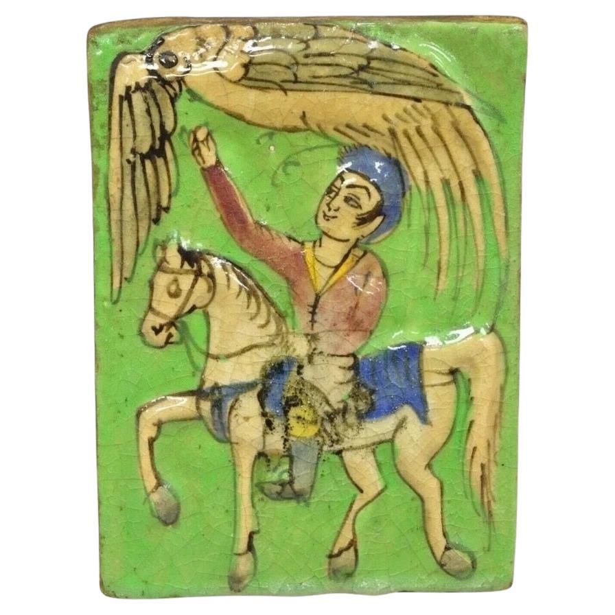 Antique Persian Iznik Qajar Style Ceramic Pottery Green Tile Phoenix w/ Rider C4 For Sale