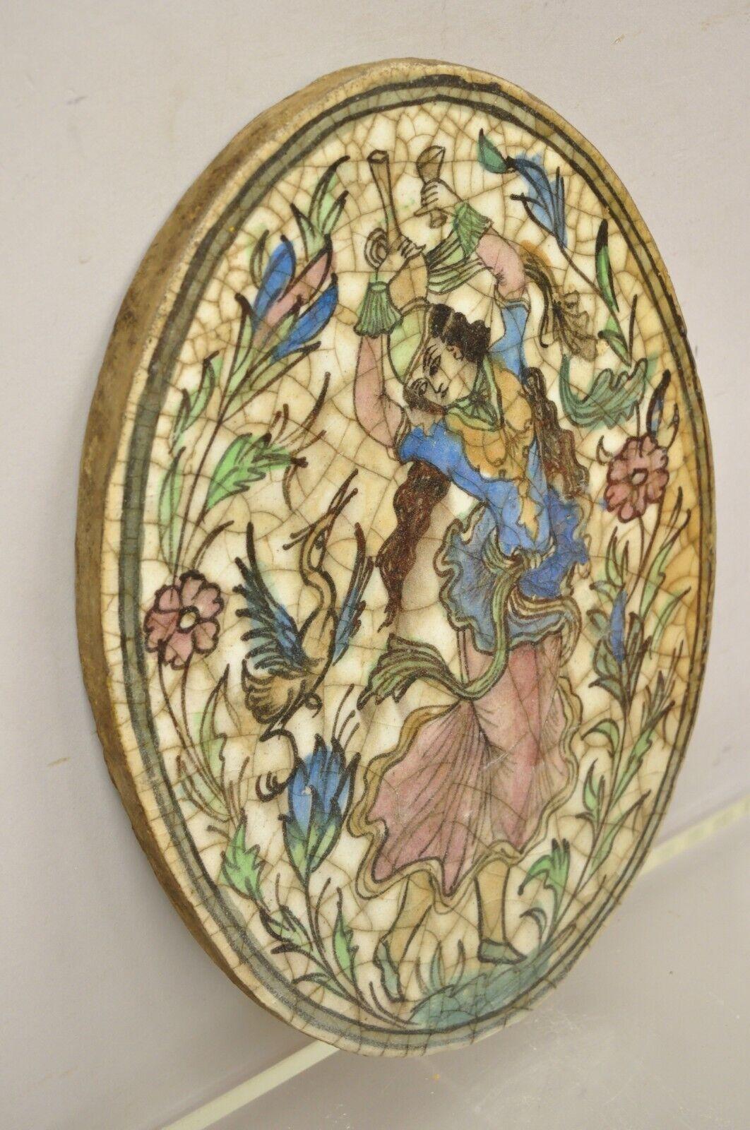 Antique Persian Iznik Qajar Style Ceramic Pottery Oval Tile Blue Dancer C3 For Sale 1