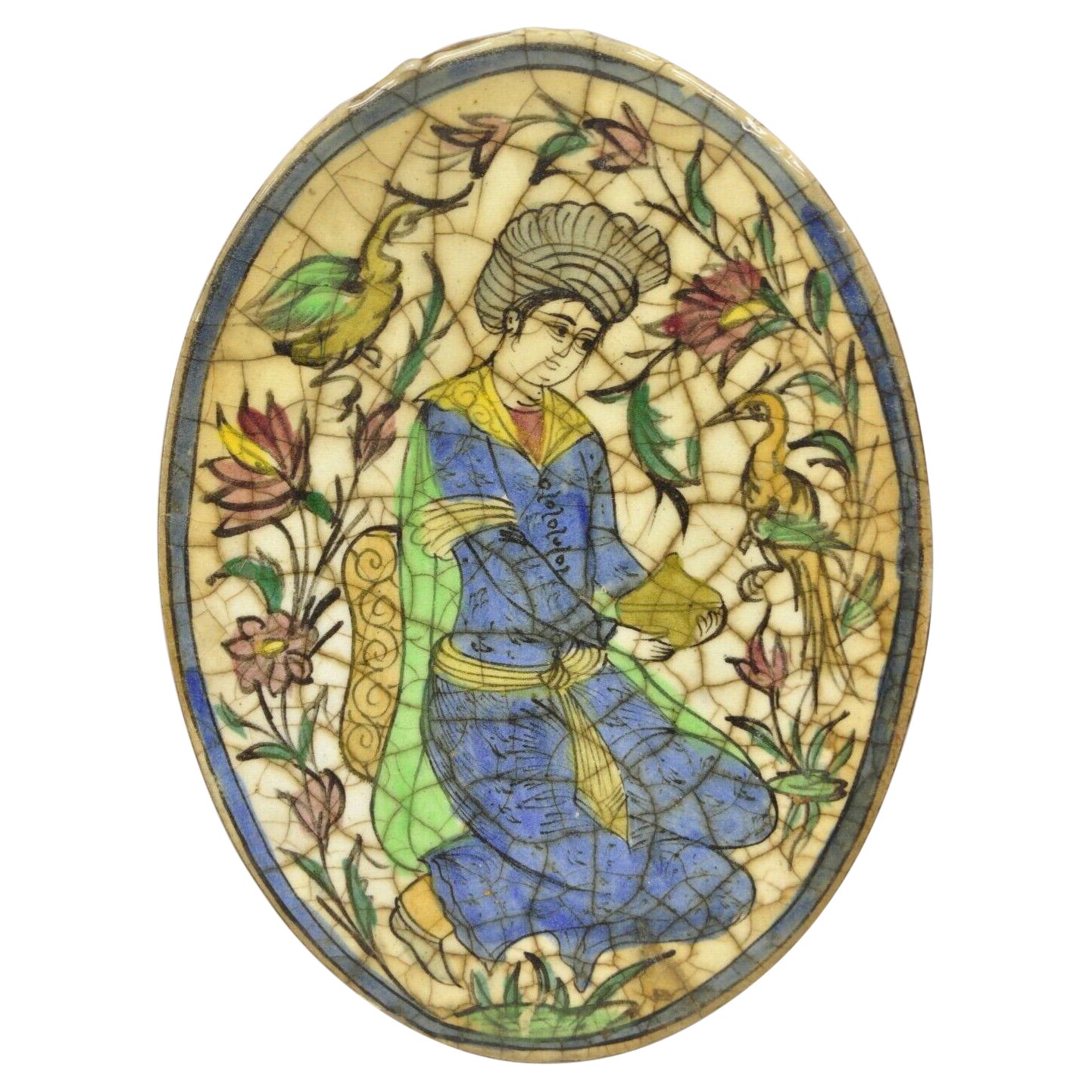 Ancienne poterie persane Iznik de style Qajar en céramique - Figure ovale en carreaux bleus - Oiseaux C3