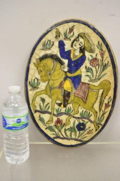 Antique Persian Iznik Qajar Style Ceramic Pottery Oval Tile Blue Horse Rider C3
