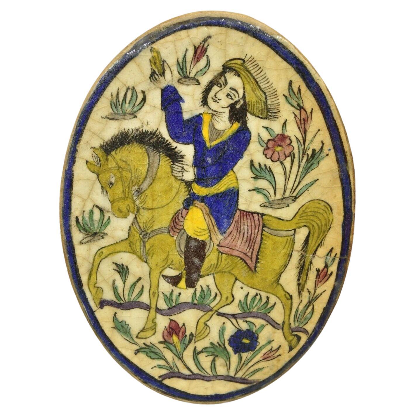 Antique Persian Iznik Qajar Style Ceramic Pottery Oval Tile Blue Horse Rider C3