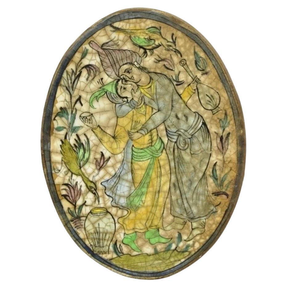 Antique Persian Iznik Qajar Style Ceramic Pottery Oval Tile Couple Embrace C3