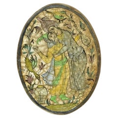 Antique Persian Iznik Qajar Style Ceramic Pottery Oval Tile Couple Embrace C3