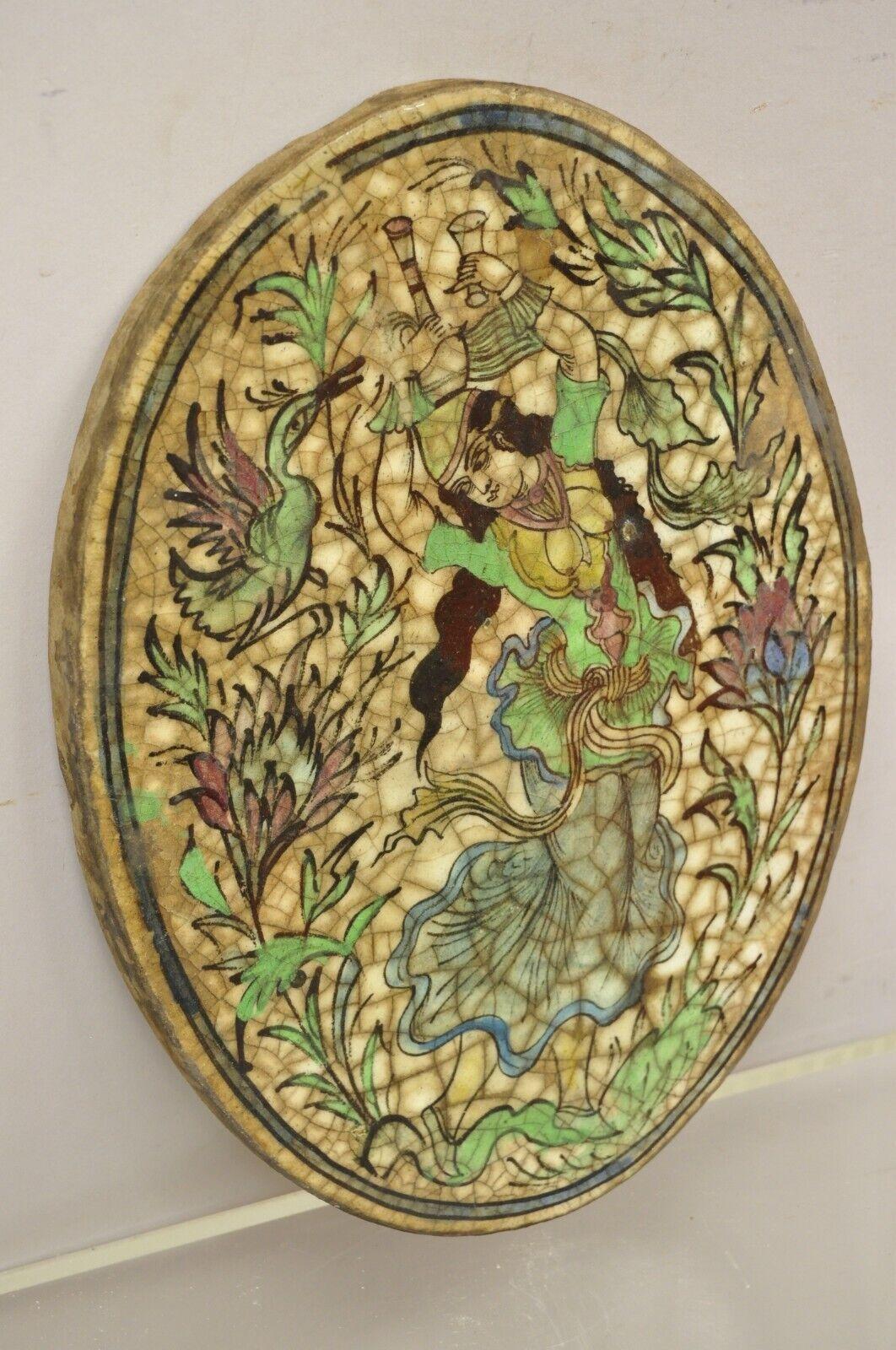 Antique Persian Iznik Qajar Style Ceramic Pottery Oval Tile Dancing Woman C3 For Sale 6