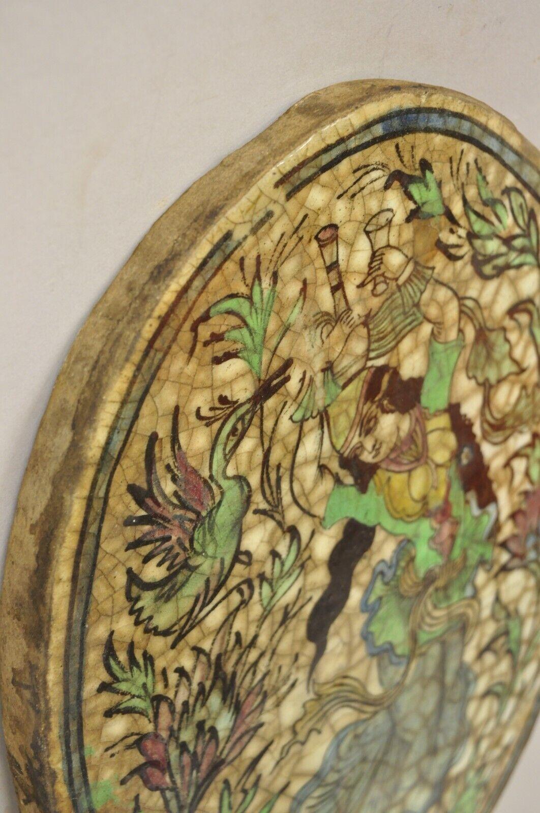 Antique Persian Iznik Qajar Style Ceramic Pottery Oval Tile Dancing Woman C3 For Sale 2